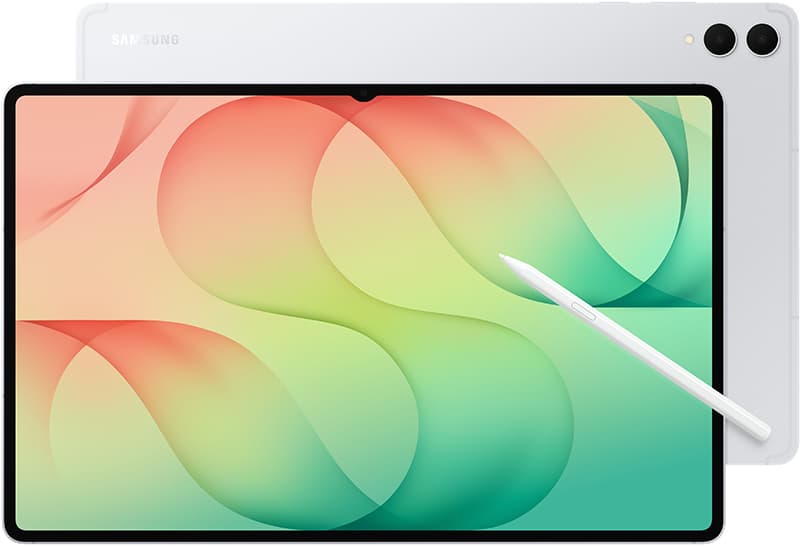 Samsung Galaxy Tab S12 Ultra front view with stylus, displaying colorful gradient wallpaper with flowing shapes in coral, yellow, and green tones