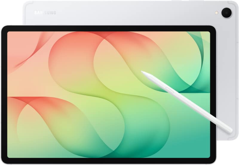 Samsung Galaxy Tab S12+ displayed front and rear, showing colorful gradient wallpaper on screen and S Pen stylus alongside