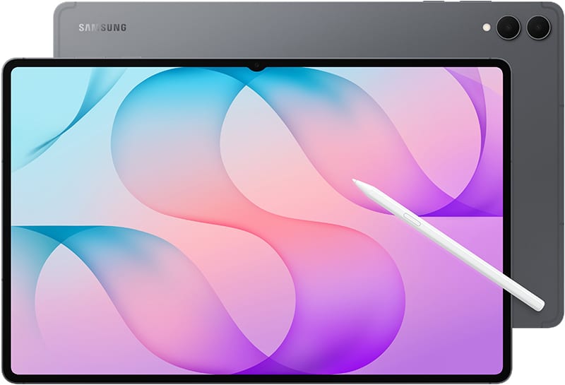 Samsung Galaxy Tab S12 Ultra front view with stylus, displaying colorful gradient wallpaper on screen