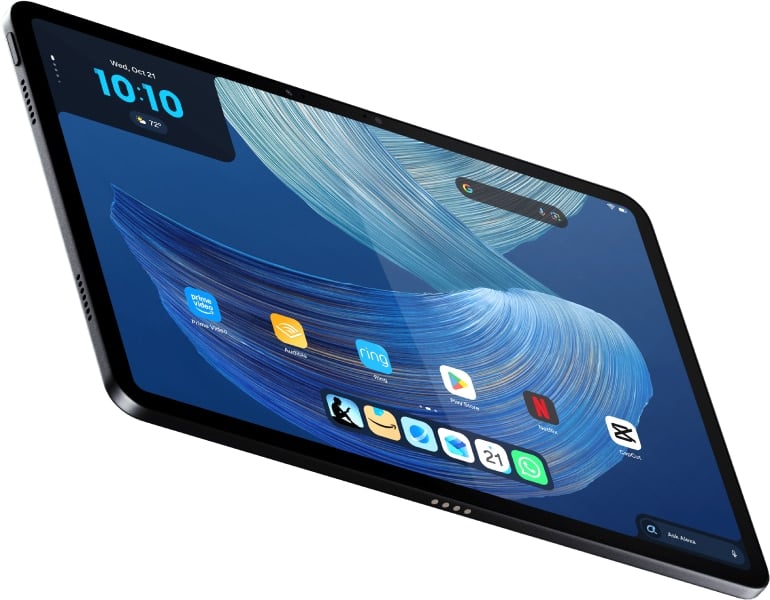 Amazon Alexa Tablet 12 Pro front view with blue wallpaper, apps on home screen, time displaying 10:10