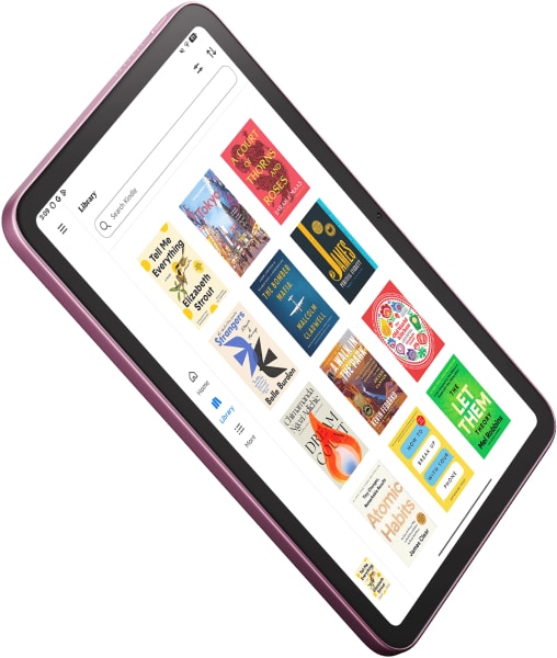 Amazon Alexa Tablet 8 front view displaying shopping app with product grid including snacks and household items
