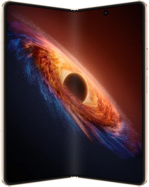 Honor Magic V6 foldable phone in open position, displaying a cosmic wallpaper with an orange and blue swirling galaxy on screen