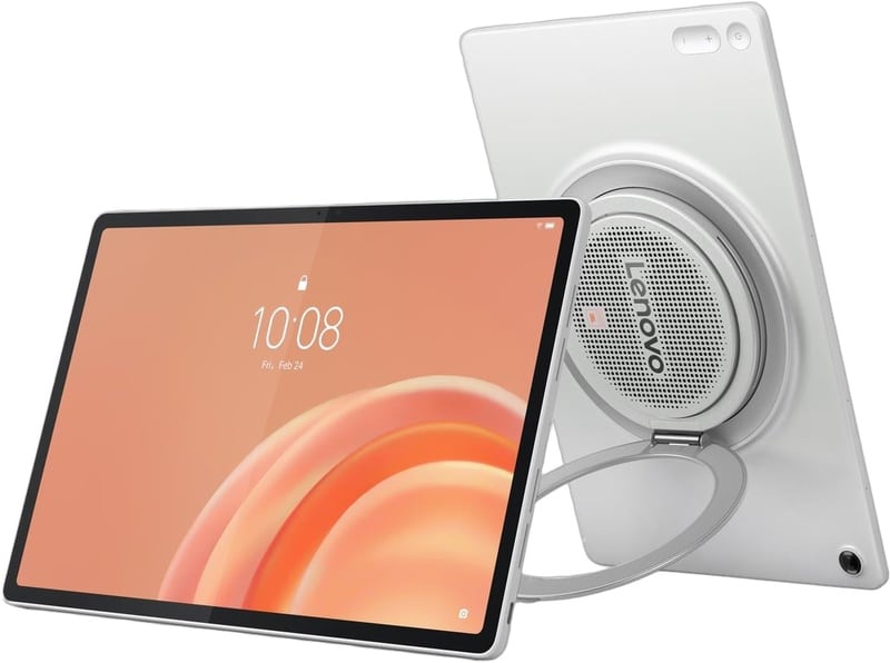Lenovo Tab Plus Gen 2 tablet displayed front-on with orange lock screen, shown alongside white rear case with speaker and attachment ring