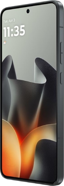 Motorola Edge 70 Max front view, displaying lock screen with time 11:35 and abstract orange and black design