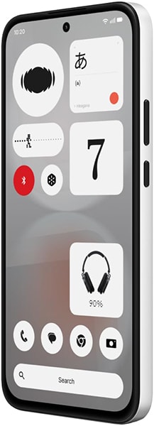 Nothing Phone (4b) front view displaying home screen with widget grid including music player, Japanese character, timer, number 7, headphones with battery indicator, and control icons