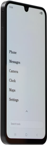 Samsung Galaxy A17 front view with home screen displaying Phone, Messages, Camera, Clock, Maps, and Settings options