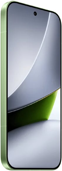 Xiaomi Poco F9 Pro front view, green frame, display on showing abstract curved design wallpaper