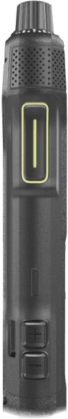 Crosscall CORE-P6 rugged smartphone, front view, showing perforated top grille, yellow-outlined rectangular button, and textured gray body with control buttons