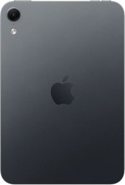 Apple iPad mini (2026) rear view, space gray, showing camera and Apple logo