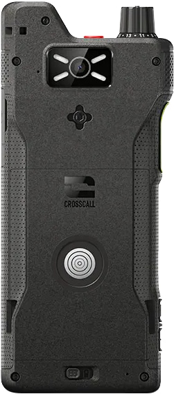 Crosscall CORE-P6 rear view, showing rugged dark gray casing with textured grip panels, camera lens, speaker grille, and circular button detail