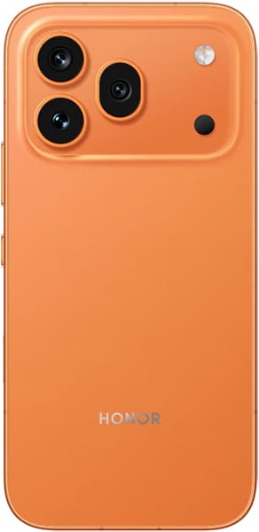 Honor 600 Pro rear view in orange, showing triple camera setup and flash
