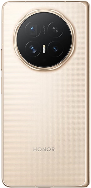 Honor Magic V6 rear view, showing cream-colored back with circular camera module containing four lenses arranged around a central flash