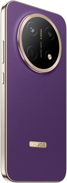HONOR X9e Pro rear view, purple back with dual camera system in circular lens module and gold accents