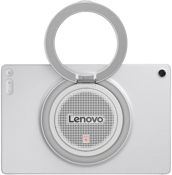 Lenovo Tab Plus Gen 2 tablet with circular speaker attachment on back, front view showing speaker grille and Lenovo branding