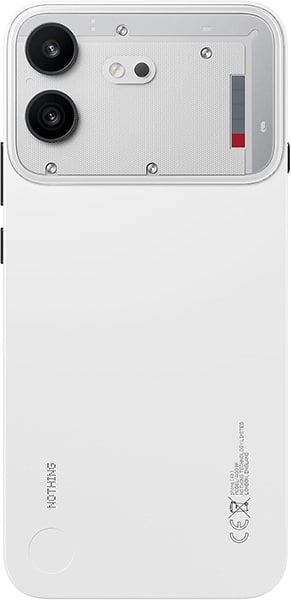 Nothing Phone (4b) rear view showing dual camera setup with transparent panel, white body, and red battery indicator strip