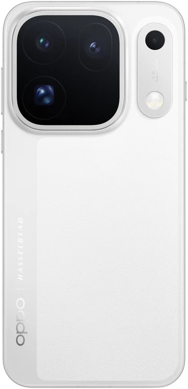 Oppo Find X10 Pro Max rear view, white, showing triple camera system with large square lens module and Hasselblad branding on side