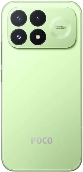 Xiaomi Poco F9 Pro rear view, light green finish with quad camera setup and flash