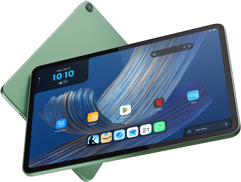 Amazon Alexa Tablet 11 front view displaying home screen with app icons, time 10:10, and blue striped wallpaper, with green back panel visible