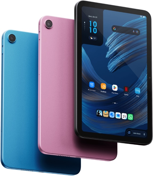 Amazon Alexa Tablet 8 shown in blue and pink, front and rear views, displaying home screen with app icons