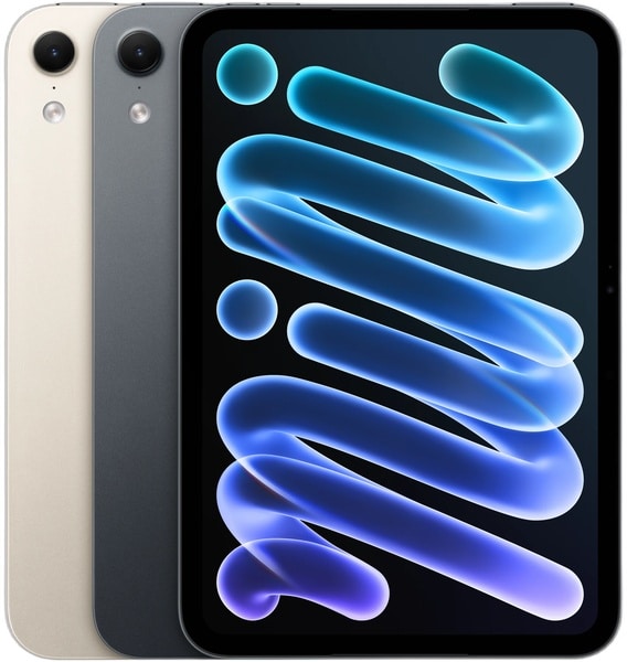 Apple iPad mini (2026) front view in starlight and space gray, displaying blue abstract wallpaper with camera visible on rear