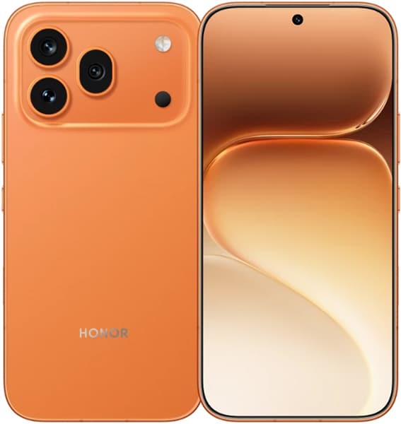 Honor 600 Pro front and rear views in orange, showing triple rear camera setup and display with gradient wallpaper