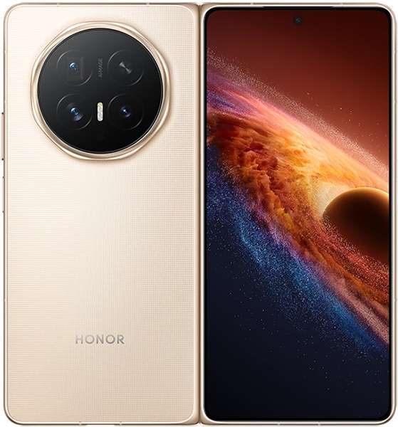 Honor Magic V6 foldable phone, front view open showing cream-colored back with circular camera module and colorful planetary display screen