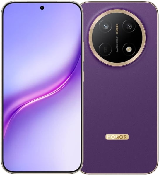 HONOR X9e Pro front and rear views showing purple display with gradient and circular camera module with gold accents