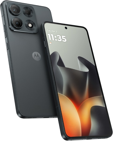 Motorola Edge 70 Max, rear and front views, showing quad camera array and display with time 11:35