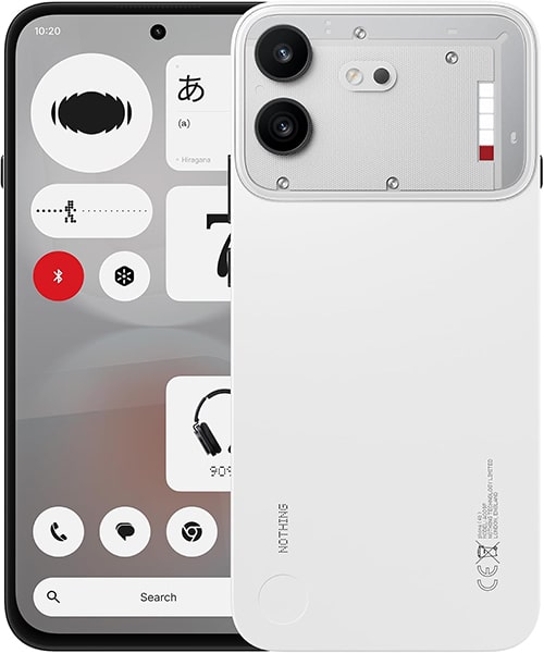 Nothing Phone (4b) front and rear view, white, showing dual rear cameras and control center interface with red Bluetooth button