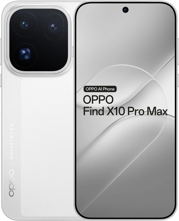 Oppo Find X10 Pro Max front and rear view, white finish, showing triple camera array and display screen with product branding