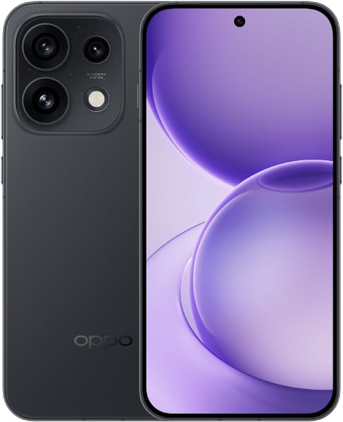 OPPO Reno16 Pro front and rear view, black smartphone with triple camera array and purple gradient display