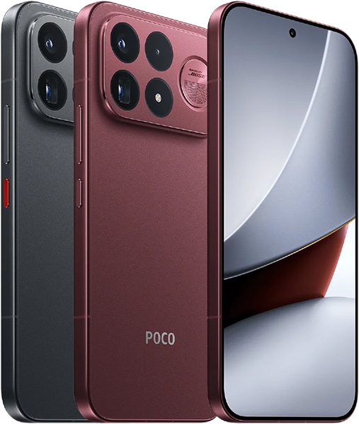 Xiaomi Poco F9 Ultra in black and burgundy, shown from rear and front angles with quad camera setup and display visible