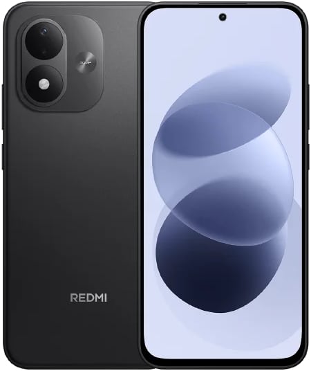 Xiaomi Redmi Note 17 5G front and rear view, black finish with dual camera setup and light blue wallpaper displayed on screen