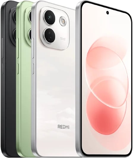 Xiaomi Redmi Note 17 Pro Max 5G shown from front and rear in black, green, and white, displaying dual camera setup and pink-toned home screen