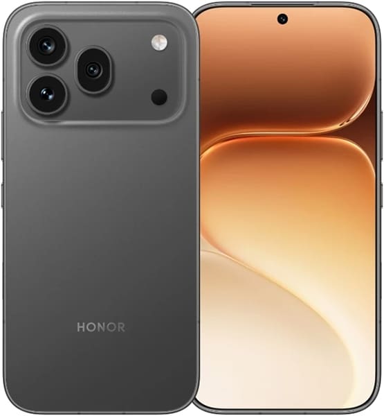 Honor 600 Pro front and rear views, showing gray back with triple camera array and orange gradient display