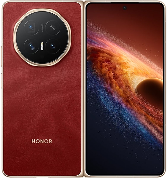Honor Magic V6 foldable phone open, displaying red leather back with circular camera module and front screen with space-themed wallpaper
