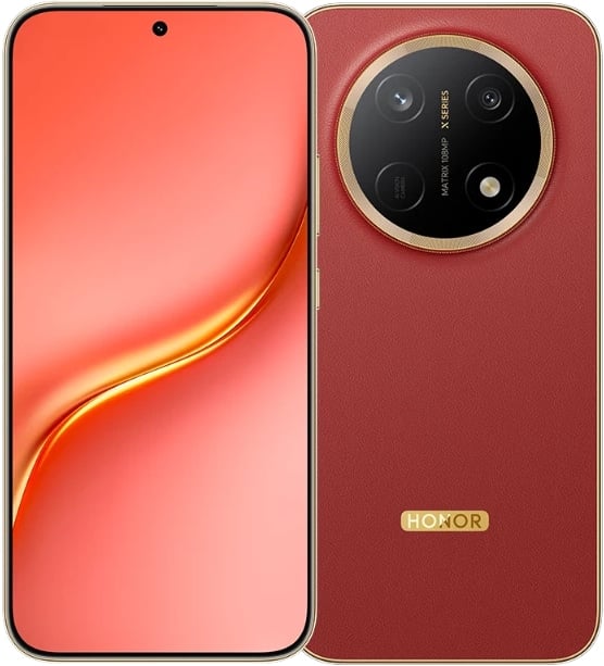 HONOR X9e Pro front and rear view showing coral display and burgundy back with circular camera module