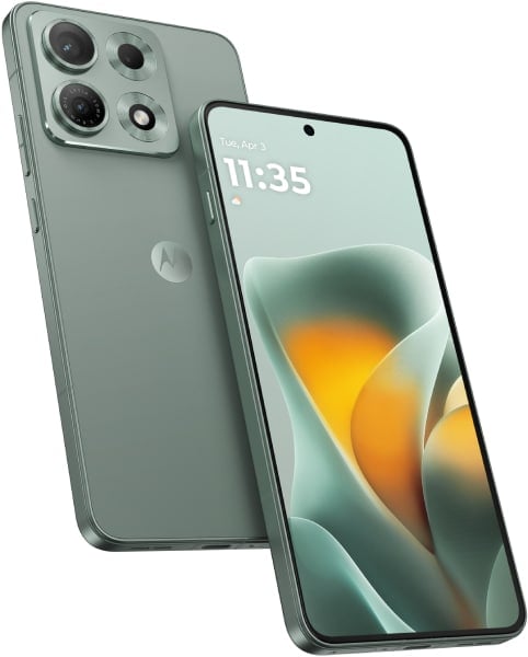 Motorola Edge 70 Max shown front and rear view, sage green, displaying time 11:35 on screen with geometric wallpaper, large rear camera array visible