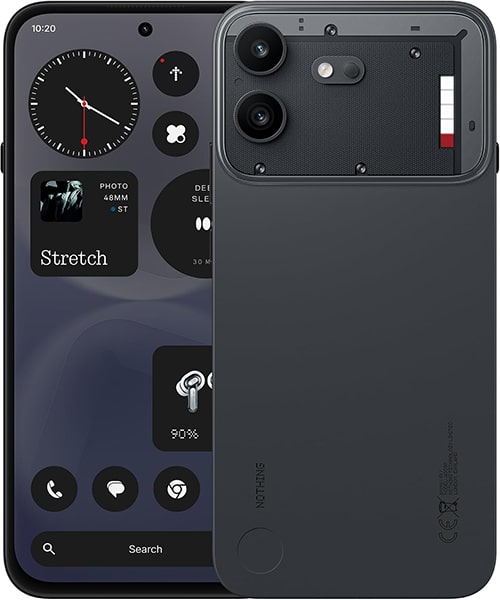 Nothing Phone (4b) front and rear view showing customizable glyph interface with clock, camera setup, and home screen widgets