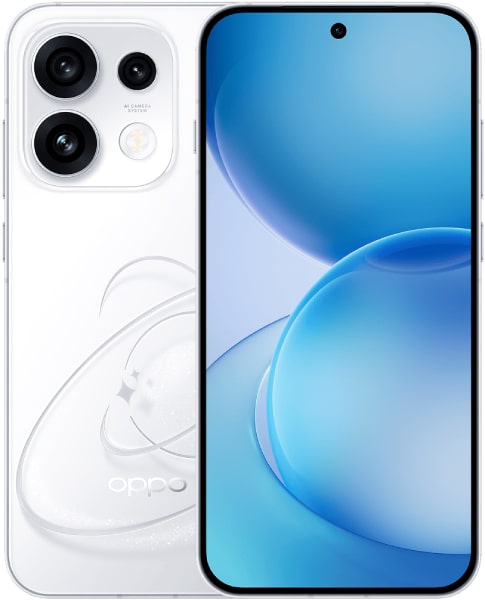 OPPO Reno16 Pro front view, white finish with triple rear cameras, displaying blue gradient wallpaper on screen