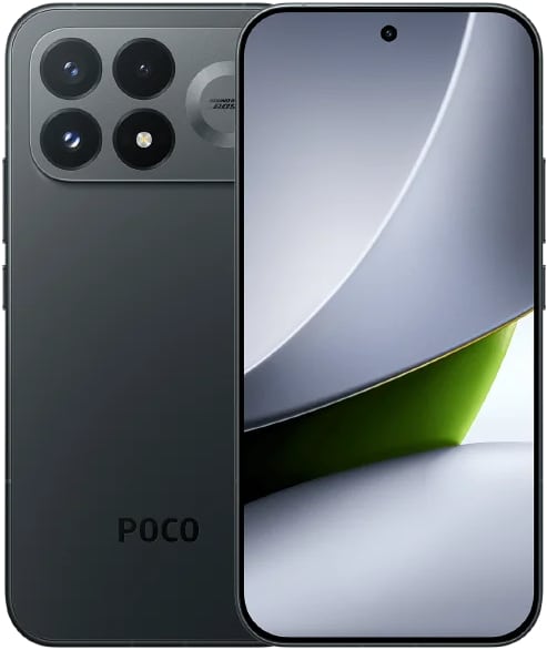 Xiaomi Poco F9 Pro front and rear view, dark gray, showing quad camera setup and display with abstract curved design wallpaper