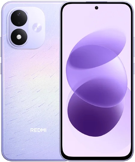 Xiaomi Redmi Note 17 5G front and rear view, lavender color with dual camera setup and purple abstract wallpaper on screen
