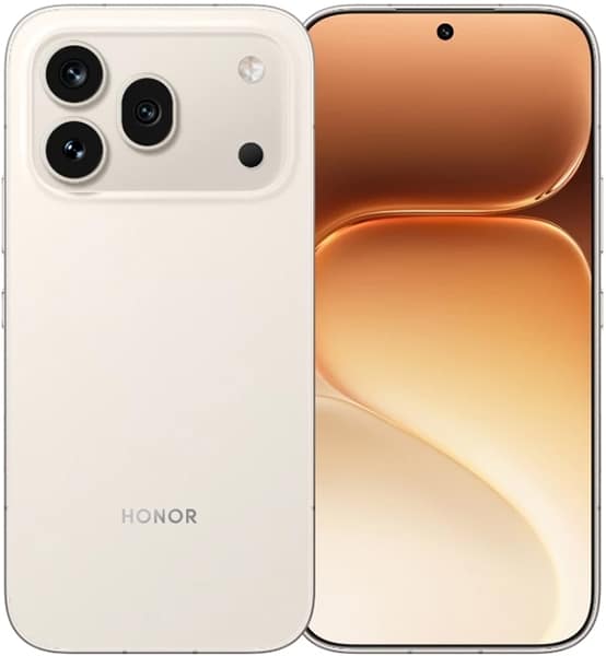 Honor 600 Pro smartphone shown from front and rear, cream-colored back with triple camera setup, amber-gradient display screen visible