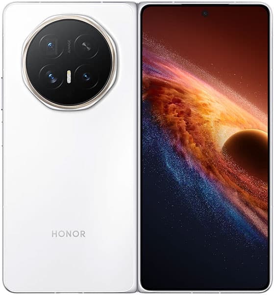 Honor Magic V6 foldable phone shown open, displaying white back with circular camera module and colorful space wallpaper on screen