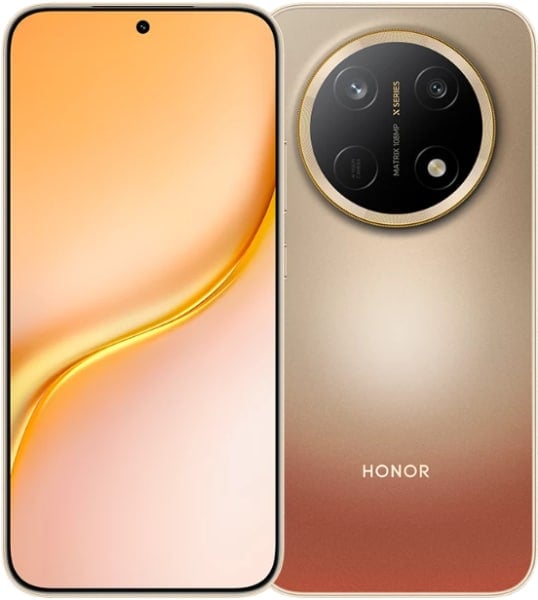 HONOR X9e Pro front and rear views showing peach-colored display with curved design and gold-rimmed quad camera setup on champagne-to-burgundy gradient back
