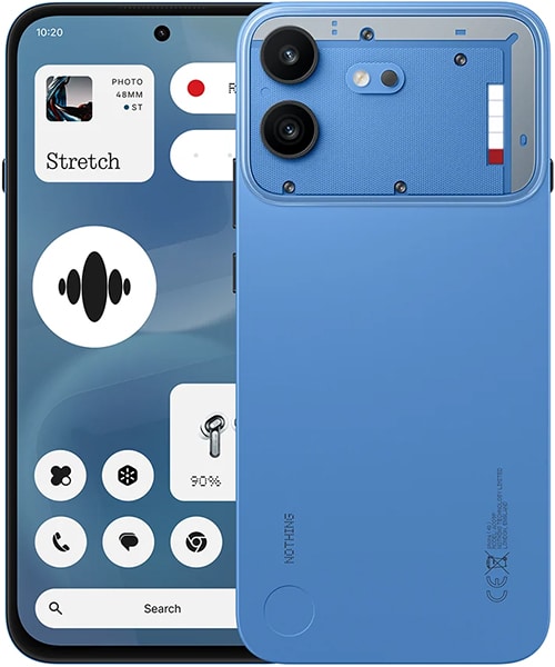 Nothing Phone (4b) in blue, front and rear view showing dual camera system and customizable widget interface on screen