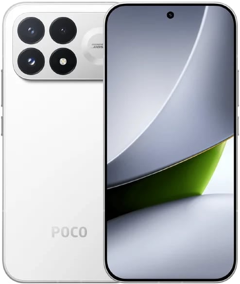 Xiaomi Poco F9 Pro front and rear view, white, showing quad camera setup and display with curved edge design