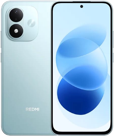 Xiaomi Redmi Note 17 5G front and rear view, light blue finish with dual camera setup and blue gradient display