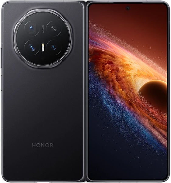 Honor Magic V6 foldable phone, open position, showing rear camera module on left panel and vibrant space-themed display on right screen