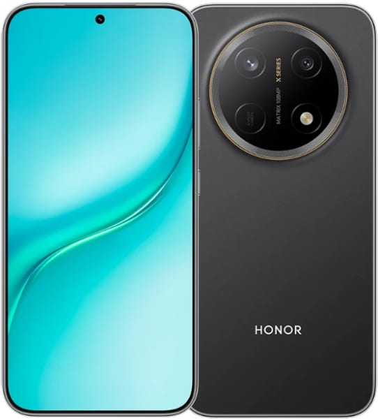 HONOR X9e Pro front and rear view showing turquoise display and black back with circular camera module